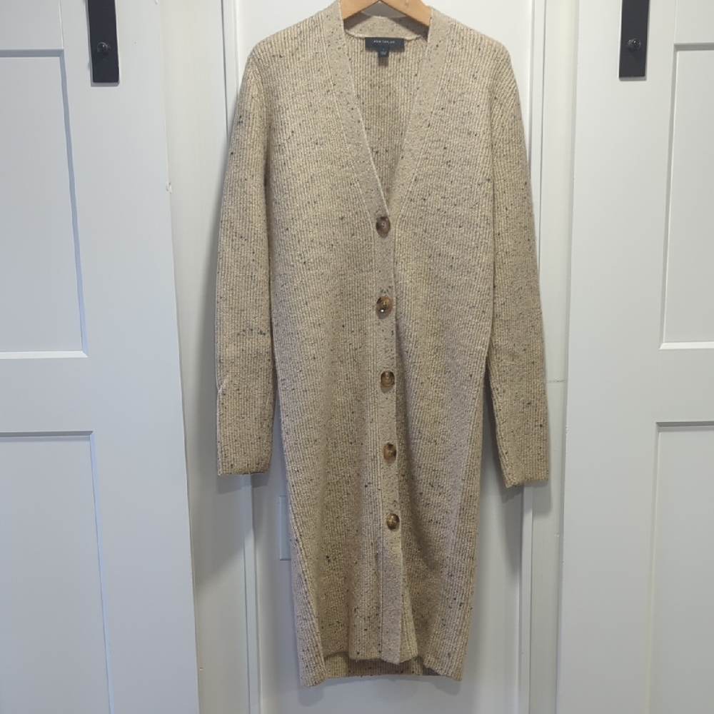 Ann Taylor Beige Long Cardigan Navy Blue Speckled Size Small